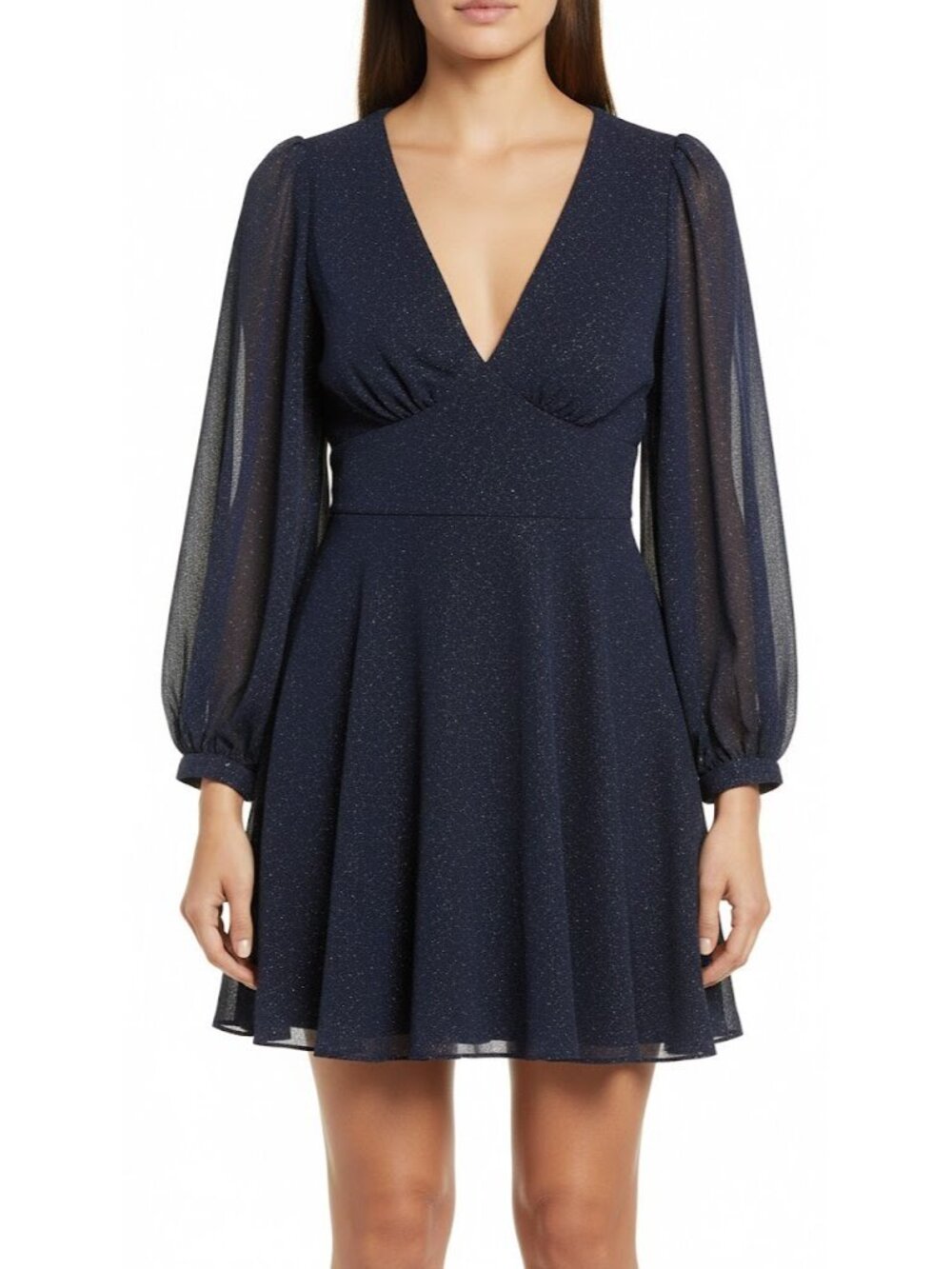 B. Darlin Size 7/8 Navy Blue Glitter Fit & Flare Bishop Sleeve Mini Dress NWT